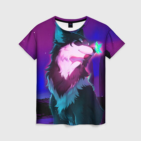 Женская футболка 3D с принтом Сказочный волк в Екатеринбурге, 100% полиэфир ( синтетическое хлопкоподобное полотно) | прямой крой, круглый вырез горловины, длина до линии бедер | wolf | бабочка | волк | волки | волшебный волк | животные | звери | магический волк