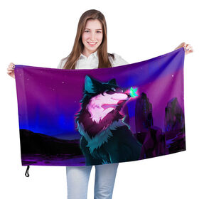 Флаг 3D с принтом Сказочный волк в Екатеринбурге, 100% полиэстер | плотность ткани — 95 г/м2, размер — 67 х 109 см. Принт наносится с одной стороны | Тематика изображения на принте: wolf | бабочка | волк | волки | волшебный волк | животные | звери | магический волк