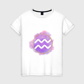 Женская футболка хлопок с принтом Водолей - Космос в Екатеринбурге, 100% хлопок | прямой крой, круглый вырез горловины, длина до линии бедер, слегка спущенное плечо | водолей | восточный | знак | знак зодиака | зодиак | космос | небо | подарок | фиолетовый