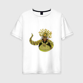 Женская футболка хлопок Oversize с принтом Горгона в Екатеринбурге, 100% хлопок | свободный крой, круглый ворот, спущенный рукав, длина до линии бедер
 | змея | магия | полужаба | фэнтези | яд