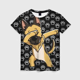 Женская футболка 3D с принтом DAB DOG в Екатеринбурге, 100% полиэфир ( синтетическое хлопкоподобное полотно) | прямой крой, круглый вырез горловины, длина до линии бедер | dab | dog | дог | домашние животные | друг человека | звери | овчарка | пес | песель | собака | собакен