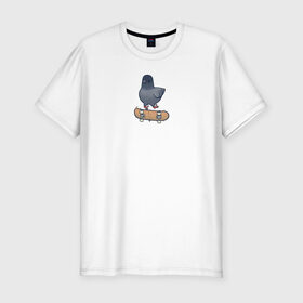 Мужская футболка хлопок Slim с принтом Голубь скейтбордист в Екатеринбурге, 92% хлопок, 8% лайкра | приталенный силуэт, круглый вырез ворота, длина до линии бедра, короткий рукав | голубь | курлык | птица | скейт | экстрим