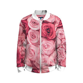 Детский бомбер 3D с принтом Розовые Розы в Екатеринбурге, 100% полиэстер | застегивается на молнию, по бокам два кармана без застежек, мягкие манжеты, по низу бомбера и на воротнике — эластичная резинка | pink | rose | день святого валентина | красивый | любовь | прекрасный | роза | цветок | цветы