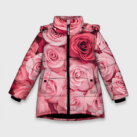 Зимняя куртка для девочек 3D с принтом Розовые Розы в Екатеринбурге, ткань верха — 100% полиэстер; подклад — 100% полиэстер, утеплитель — 100% полиэстер. | длина ниже бедра, удлиненная спинка, воротник стойка и отстегивающийся капюшон. Есть боковые карманы с листочкой на кнопках, утяжки по низу изделия и внутренний карман на молнии. 

Предусмотрены светоотражающий принт на спинке, радужный светоотражающий элемент на пуллере молнии и на резинке для утяжки. | pink | rose | день святого валентина | красивый | любовь | прекрасный | роза | цветок | цветы