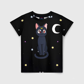 Детская футболка 3D с принтом Луна в Екатеринбурге, 100% гипоаллергенный полиэфир | прямой крой, круглый вырез горловины, длина до линии бедер, чуть спущенное плечо, ткань немного тянется | Тематика изображения на принте: sailor moon. кот луна | кот | кошка | луна | сейлор мун | сейлормун