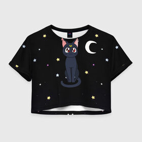Женская футболка Crop-top 3D с принтом Луна в Екатеринбурге, 100% полиэстер | круглая горловина, длина футболки до линии талии, рукава с отворотами | Тематика изображения на принте: sailor moon. кот луна | кот | кошка | луна | сейлор мун | сейлормун