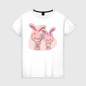 Женская футболка хлопок с принтом Клуб Романтики в Екатеринбурге, 100% хлопок | прямой крой, круглый вырез горловины, длина до линии бедер, слегка спущенное плечо | букет | вдвоем | зайки | игрушки | милашки | розовые зайцы