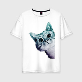 Женская футболка хлопок Oversize с принтом Любопытный кот в Екатеринбурге, 100% хлопок | свободный крой, круглый ворот, спущенный рукав, длина до линии бедер
 | cat | домашние животные | животные | звери | кат | кот | котенок | коты | кошка