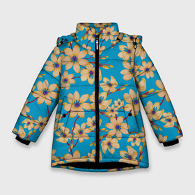 Зимняя куртка для девочек 3D с принтом Иксии на голубом фоне в Екатеринбурге, ткань верха — 100% полиэстер; подклад — 100% полиэстер, утеплитель — 100% полиэстер. | длина ниже бедра, удлиненная спинка, воротник стойка и отстегивающийся капюшон. Есть боковые карманы с листочкой на кнопках, утяжки по низу изделия и внутренний карман на молнии. 

Предусмотрены светоотражающий принт на спинке, радужный светоотражающий элемент на пуллере молнии и на резинке для утяжки. | 8 марта | flowers | summer | весна | желтый | иксии | лето | праздник | природа | растения | цветы
