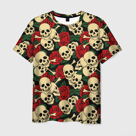 Мужская футболка 3D с принтом Черепки с Розами в Екатеринбурге, 100% полиэфир | прямой крой, круглый вырез горловины, длина до линии бедер | skulls | xo | букет | градиент | животные | кости | мозги | паттерн | полосы | природа | розы | скелет | текстура | узор | хо | цветы | черепа | черный | яркий
