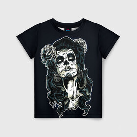 Детская футболка 3D с принтом Санта Муэрте в Екатеринбурге, 100% гипоаллергенный полиэфир | прямой крой, круглый вырез горловины, длина до линии бедер, чуть спущенное плечо, ткань немного тянется | tatoo | девушка | рисунок | розы | санта | тату | цветы | чб | череп | черный