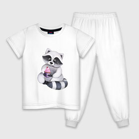 Детская пижама хлопок с принтом Енотик в Екатеринбурге, 100% хлопок |  брюки и футболка прямого кроя, без карманов, на брюках мягкая резинка на поясе и по низу штанин
 | Тематика изображения на принте: енот | енотик | животные | милота | милые иллюстрации | парные футболки