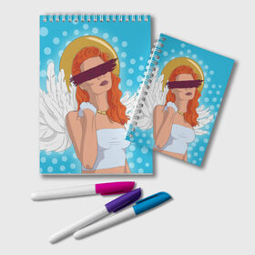 Блокнот с принтом Angel в Екатеринбурге, 100% бумага | 48 листов, плотность листов — 60 г/м2, плотность картонной обложки — 250 г/м2. Листы скреплены удобной пружинной спиралью. Цвет линий — светло-серый
 | pop art | popart | ангел | девушка | зима | крылья | нимб | поп арт | рождественский ангел | рыжая девушка