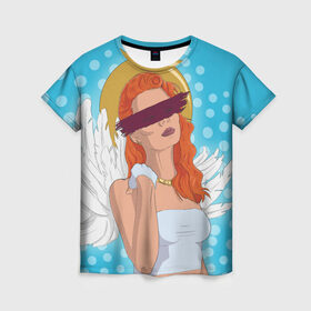 Женская футболка 3D с принтом Angel в Екатеринбурге, 100% полиэфир ( синтетическое хлопкоподобное полотно) | прямой крой, круглый вырез горловины, длина до линии бедер | pop art | popart | ангел | девушка | зима | крылья | нимб | поп арт | рождественский ангел | рыжая девушка