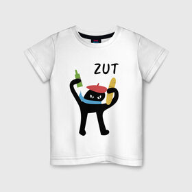 Детская футболка хлопок с принтом Французский ъуъ в Екатеринбурге, 100% хлопок | круглый вырез горловины, полуприлегающий силуэт, длина до линии бедер | багет | голуби | кот | любовь | франция | эйфелева башня