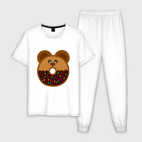 Мужская пижама хлопок с принтом Пончик - мишка в Екатеринбурге, 100% хлопок | брюки и футболка прямого кроя, без карманов, на брюках мягкая резинка на поясе и по низу штанин
 | Тематика изображения на принте: еда | кекс | мишка | пирог | пончик | сладости | шоколад