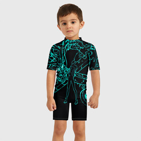 Детский купальный костюм 3D с принтом Neon Dragon в Екатеринбурге, Полиэстер 85%, Спандекс 15% | застежка на молнии на спине | dragon | neon | девушка | дракон | маска | неоновый | полосы | текстуры | узоры | фигуры | черный