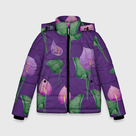 Зимняя куртка для мальчиков 3D с принтом Антуриумы на фиолетовом фоне в Екатеринбурге, ткань верха — 100% полиэстер; подклад — 100% полиэстер, утеплитель — 100% полиэстер | длина ниже бедра, удлиненная спинка, воротник стойка и отстегивающийся капюшон. Есть боковые карманы с листочкой на кнопках, утяжки по низу изделия и внутренний карман на молнии. 

Предусмотрены светоотражающий принт на спинке, радужный светоотражающий элемент на пуллере молнии и на резинке для утяжки | 8 марта | flowers | summer | антуриумы | весна | зеленый | лето | листья | праздник | природа | растения | фиолетовый | цветы