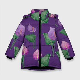 Зимняя куртка для девочек 3D с принтом Антуриумы на фиолетовом фоне в Екатеринбурге, ткань верха — 100% полиэстер; подклад — 100% полиэстер, утеплитель — 100% полиэстер. | длина ниже бедра, удлиненная спинка, воротник стойка и отстегивающийся капюшон. Есть боковые карманы с листочкой на кнопках, утяжки по низу изделия и внутренний карман на молнии. 

Предусмотрены светоотражающий принт на спинке, радужный светоотражающий элемент на пуллере молнии и на резинке для утяжки. | 8 марта | flowers | summer | антуриумы | весна | зеленый | лето | листья | праздник | природа | растения | фиолетовый | цветы