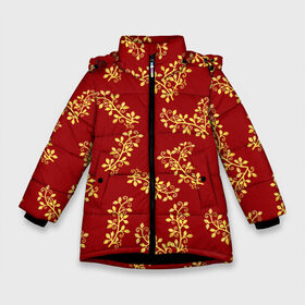 Зимняя куртка для девочек 3D с принтом Золотые веточки на красном в Екатеринбурге, ткань верха — 100% полиэстер; подклад — 100% полиэстер, утеплитель — 100% полиэстер. | длина ниже бедра, удлиненная спинка, воротник стойка и отстегивающийся капюшон. Есть боковые карманы с листочкой на кнопках, утяжки по низу изделия и внутренний карман на молнии. 

Предусмотрены светоотражающий принт на спинке, радужный светоотражающий элемент на пуллере молнии и на резинке для утяжки. | 8 марта | flowers | summer | весна | веточки | золотой | лето | праздник | природа | растения | узор