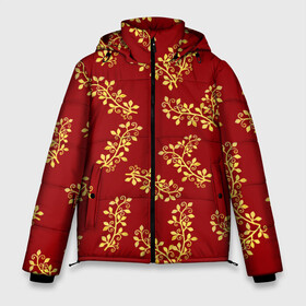 Мужская зимняя куртка 3D с принтом Золотые веточки на красном в Екатеринбурге, верх — 100% полиэстер; подкладка — 100% полиэстер; утеплитель — 100% полиэстер | длина ниже бедра, свободный силуэт Оверсайз. Есть воротник-стойка, отстегивающийся капюшон и ветрозащитная планка. 

Боковые карманы с листочкой на кнопках и внутренний карман на молнии. | 8 марта | flowers | summer | весна | веточки | золотой | лето | праздник | природа | растения | узор