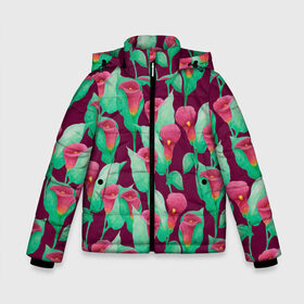 Зимняя куртка для мальчиков 3D с принтом Каллы на вишневом фоне в Екатеринбурге, ткань верха — 100% полиэстер; подклад — 100% полиэстер, утеплитель — 100% полиэстер | длина ниже бедра, удлиненная спинка, воротник стойка и отстегивающийся капюшон. Есть боковые карманы с листочкой на кнопках, утяжки по низу изделия и внутренний карман на молнии. 

Предусмотрены светоотражающий принт на спинке, радужный светоотражающий элемент на пуллере молнии и на резинке для утяжки | 8 марта | flowers | summer | весна | вишневый | зеленый | каллы | красный | лето | праздник | природа | растения | цветы