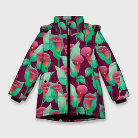 Зимняя куртка для девочек 3D с принтом Каллы на вишневом фоне в Екатеринбурге, ткань верха — 100% полиэстер; подклад — 100% полиэстер, утеплитель — 100% полиэстер. | длина ниже бедра, удлиненная спинка, воротник стойка и отстегивающийся капюшон. Есть боковые карманы с листочкой на кнопках, утяжки по низу изделия и внутренний карман на молнии. 

Предусмотрены светоотражающий принт на спинке, радужный светоотражающий элемент на пуллере молнии и на резинке для утяжки. | 8 марта | flowers | summer | весна | вишневый | зеленый | каллы | красный | лето | праздник | природа | растения | цветы