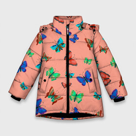 Зимняя куртка для девочек 3D с принтом Бабочки на персиковом фоне в Екатеринбурге, ткань верха — 100% полиэстер; подклад — 100% полиэстер, утеплитель — 100% полиэстер. | длина ниже бедра, удлиненная спинка, воротник стойка и отстегивающийся капюшон. Есть боковые карманы с листочкой на кнопках, утяжки по низу изделия и внутренний карман на молнии. 

Предусмотрены светоотражающий принт на спинке, радужный светоотражающий элемент на пуллере молнии и на резинке для утяжки. | 8 марта | butterflies | summer | бабочки | весна | зеленый | красный | лето | насекомые | праздник | природа | синий