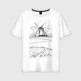 Женская футболка хлопок Oversize с принтом Мельница в Екатеринбурге, 100% хлопок | свободный крой, круглый ворот, спущенный рукав, длина до линии бедер
 | долина | кот | мельница | поля | тропинка
