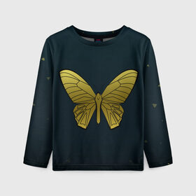 Детский лонгслив 3D с принтом Butterfly в Екатеринбурге, 100% полиэстер | длинные рукава, круглый вырез горловины, полуприлегающий силуэт
 | бабочка | геомеирический | золотой | темный фон