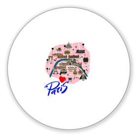 Коврик для мышки круглый с принтом Париж в Екатеринбурге, резина и полиэстер | круглая форма, изображение наносится на всю лицевую часть | paris | достопримечательности | карта | париж | путешествия | франция | эйфелева башня | я люблю париж