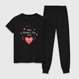 Женская пижама хлопок с принтом Happy Valentines Day 2021 в Екатеринбурге, 100% хлопок | брюки и футболка прямого кроя, без карманов, на брюках мягкая резинка на поясе и по низу штанин | Тематика изображения на принте: 