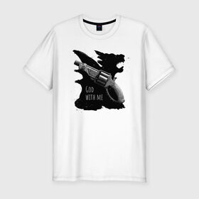 Мужская футболка хлопок Slim с принтом Bless and save в Екатеринбурге, 92% хлопок, 8% лайкра | приталенный силуэт, круглый вырез ворота, длина до линии бедра, короткий рукав | fantasy | gun | hunter | weapon | оружие | охотник | пистолет | фэнтэзи