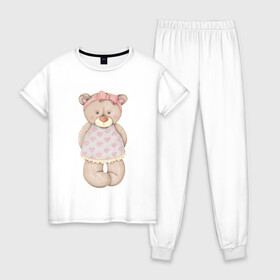 Женская пижама хлопок с принтом Мишка в платьишке в Екатеринбурге, 100% хлопок | брюки и футболка прямого кроя, без карманов, на брюках мягкая резинка на поясе и по низу штанин | акварель | девушке | карандашом | косолапый | медведь
