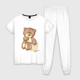 Женская пижама хлопок с принтом Мишка в Екатеринбурге, 100% хлопок | брюки и футболка прямого кроя, без карманов, на брюках мягкая резинка на поясе и по низу штанин | акварель | карандашом | косолапый | медведь
