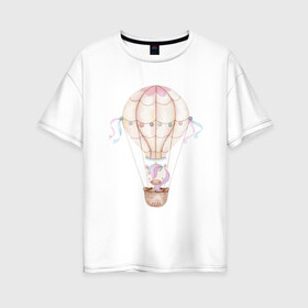 Женская футболка хлопок Oversize с принтом Единорожка в Екатеринбурге, 100% хлопок | свободный крой, круглый ворот, спущенный рукав, длина до линии бедер
 | акварель | единорог | карандаши | нежность | шар воздушный