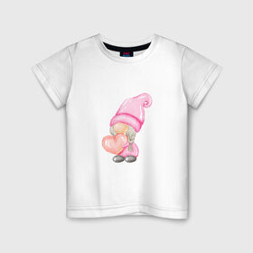 Детская футболка хлопок с принтом Гномик-девочка в Екатеринбурге, 100% хлопок | круглый вырез горловины, полуприлегающий силуэт, длина до линии бедер | Тематика изображения на принте: влюбленные | гномик | день валентина | парные | парочки | розовый | сердечко | шарик