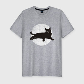 Мужская футболка хлопок Slim с принтом Черный кот в Екатеринбурге, 92% хлопок, 8% лайкра | приталенный силуэт, круглый вырез ворота, длина до линии бедра, короткий рукав | art | black | cat | cats | grumpy | illustration | kitten | kitty | pussy | pussycat | retro | vintage | арт | винтаж | винтажный | злой | иллюстрация | киса | киска | котенок | котик | кошка | краска | потертости | пятна | ретро | сердитый |