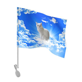 Флаг для автомобиля с принтом Кот в облаках в Екатеринбурге, 100% полиэстер | Размер: 30*21 см | animals | cat | kitty | ангел | белый кот | блики | взгляд кота | глаза кота | животные | киска | кот | котейка | котенок | котик | кошак | кошка | лучи | мордочка | небесный | небо | облака | пейзаж | питомец