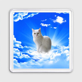 Магнит 55*55 с принтом Кот в облаках в Екатеринбурге, Пластик | Размер: 65*65 мм; Размер печати: 55*55 мм | animals | cat | kitty | ангел | белый кот | блики | взгляд кота | глаза кота | животные | киска | кот | котейка | котенок | котик | кошак | кошка | лучи | мордочка | небесный | небо | облака | пейзаж | питомец