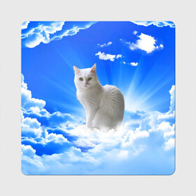 Магнит виниловый Квадрат с принтом Кот в облаках в Екатеринбурге, полимерный материал с магнитным слоем | размер 9*9 см, закругленные углы | Тематика изображения на принте: animals | cat | kitty | ангел | белый кот | блики | взгляд кота | глаза кота | животные | киска | кот | котейка | котенок | котик | кошак | кошка | лучи | мордочка | небесный | небо | облака | пейзаж | питомец