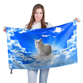 Флаг 3D с принтом Кот в облаках в Екатеринбурге, 100% полиэстер | плотность ткани — 95 г/м2, размер — 67 х 109 см. Принт наносится с одной стороны | animals | cat | kitty | ангел | белый кот | блики | взгляд кота | глаза кота | животные | киска | кот | котейка | котенок | котик | кошак | кошка | лучи | мордочка | небесный | небо | облака | пейзаж | питомец