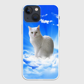 Чехол для iPhone 13 mini с принтом Кот в облаках в Екатеринбурге,  |  | Тематика изображения на принте: animals | cat | kitty | ангел | белый кот | блики | взгляд кота | глаза кота | животные | киска | кот | котейка | котенок | котик | кошак | кошка | лучи | мордочка | небесный | небо | облака | пейзаж | питомец