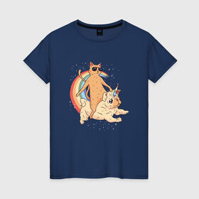 Женская футболка хлопок с принтом Кот верхом на мопсе единороге в Екатеринбурге, 100% хлопок | прямой крой, круглый вырез горловины, длина до линии бедер, слегка спущенное плечо | Тематика изображения на принте: cat | cool cat | cute | galaxy | pug | pugs | rainbow | space | stars | бульдог | бульдожка | галактика | звезды | космический | космос | кошка | крутой кот | милые | милый | мопс | мопсик | на радуге | очки | прикол | радуга