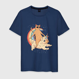 Мужская футболка хлопок с принтом Кот верхом на мопсе единороге в Екатеринбурге, 100% хлопок | прямой крой, круглый вырез горловины, длина до линии бедер, слегка спущенное плечо. | cat | cool cat | cute | galaxy | pug | pugs | rainbow | space | stars | бульдог | бульдожка | галактика | звезды | космический | космос | кошка | крутой кот | милые | милый | мопс | мопсик | на радуге | очки | прикол | радуга