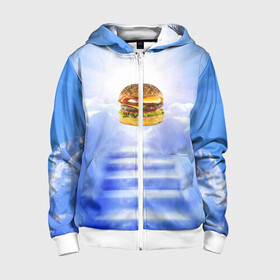 Детская толстовка 3D на молнии с принтом Райский бургер в Екатеринбурге, 100% полиэстер |  манжеты и пояс оформлены широкой мягкой резинкой, двухслойный капюшон со шнурком для регулировки, спереди карманы и застежка-молния
 | Тематика изображения на принте: food | hamburger | hot dog | ангел | блики | булка | булочка | бургер | бутерброд | вкусняшки | гамбургер | еда | котлета | лестница | лучи | небесный | небо | обжора | облака | пейзаж | природа | рай | сендвич