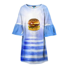 Детское платье 3D с принтом Райский бургер в Екатеринбурге, 100% полиэстер | прямой силуэт, чуть расширенный к низу. Круглая горловина, на рукавах — воланы | Тематика изображения на принте: food | hamburger | hot dog | ангел | блики | булка | булочка | бургер | бутерброд | вкусняшки | гамбургер | еда | котлета | лестница | лучи | небесный | небо | обжора | облака | пейзаж | природа | рай | сендвич