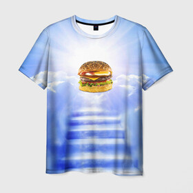 Мужская футболка 3D с принтом Райский бургер в Екатеринбурге, 100% полиэфир | прямой крой, круглый вырез горловины, длина до линии бедер | food | hamburger | hot dog | ангел | блики | булка | булочка | бургер | бутерброд | вкусняшки | гамбургер | еда | котлета | лестница | лучи | небесный | небо | обжора | облака | пейзаж | природа | рай | сендвич