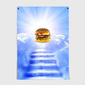 Постер с принтом Райский бургер в Екатеринбурге, 100% бумага
 | бумага, плотность 150 мг. Матовая, но за счет высокого коэффициента гладкости имеет небольшой блеск и дает на свету блики, но в отличии от глянцевой бумаги не покрыта лаком | Тематика изображения на принте: food | hamburger | hot dog | ангел | блики | булка | булочка | бургер | бутерброд | вкусняшки | гамбургер | еда | котлета | лестница | лучи | небесный | небо | обжора | облака | пейзаж | природа | рай | сендвич