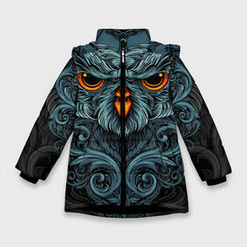 Зимняя куртка для девочек 3D с принтом Ornament Owl в Екатеринбурге, ткань верха — 100% полиэстер; подклад — 100% полиэстер, утеплитель — 100% полиэстер. | длина ниже бедра, удлиненная спинка, воротник стойка и отстегивающийся капюшон. Есть боковые карманы с листочкой на кнопках, утяжки по низу изделия и внутренний карман на молнии. 

Предусмотрены светоотражающий принт на спинке, радужный светоотражающий элемент на пуллере молнии и на резинке для утяжки. | арт | глаза | животные | обложка | орнамент | перья | птица | рисунок | рок | сова | татуировки